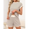 image:imageANRABESS Womens 2 Piece Ribbed Striped Knit Pajama Set Short Sleeve Top amp Lounge Shorts Casual Loungewear for Summer amp HomeBrown Beige Striped