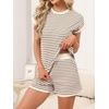 image:imageANRABESS Womens 2 Piece Ribbed Striped Knit Pajama Set Short Sleeve Top amp Lounge Shorts Casual Loungewear for Summer amp HomeBrown Beige Striped