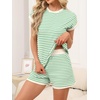 image:imageANRABESS Womens 2 Piece Ribbed Striped Knit Pajama Set Short Sleeve Top amp Lounge Shorts Casual Loungewear for Summer amp HomeGreen Beige Striped