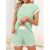 image:imageANRABESS Womens 2 Piece Ribbed Striped Knit Pajama Set Short Sleeve Top amp Lounge Shorts Casual Loungewear for Summer amp HomeGreen Beige Striped