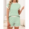 image:imageANRABESS Womens 2 Piece Ribbed Striped Knit Pajama Set Short Sleeve Top amp Lounge Shorts Casual Loungewear for Summer amp HomeGreen Beige Striped
