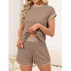 image:imageANRABESS Womens 2 Piece Ribbed Striped Knit Pajama Set Short Sleeve Top amp Lounge Shorts Casual Loungewear for Summer amp HomeKhaki Coffee Stripe