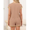 image:imageANRABESS Womens 2 Piece Ribbed Striped Knit Pajama Set Short Sleeve Top amp Lounge Shorts Casual Loungewear for Summer amp HomeKhaki Pink Stripe