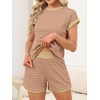 image:imageANRABESS Womens 2 Piece Ribbed Striped Knit Pajama Set Short Sleeve Top amp Lounge Shorts Casual Loungewear for Summer amp HomeKhaki Pink Stripe