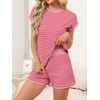 image:imageANRABESS Womens 2 Piece Ribbed Striped Knit Pajama Set Short Sleeve Top amp Lounge Shorts Casual Loungewear for Summer amp HomePink Striped