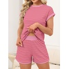 image:imageANRABESS Womens 2 Piece Ribbed Striped Knit Pajama Set Short Sleeve Top amp Lounge Shorts Casual Loungewear for Summer amp HomePink Striped
