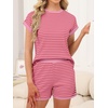 image:imageANRABESS Womens 2 Piece Ribbed Striped Knit Pajama Set Short Sleeve Top amp Lounge Shorts Casual Loungewear for Summer amp HomePink Striped