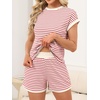 image:imageANRABESS Womens 2 Piece Ribbed Striped Knit Pajama Set Short Sleeve Top amp Lounge Shorts Casual Loungewear for Summer amp HomeRed Beige Striped