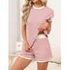 image:imageANRABESS Womens 2 Piece Ribbed Striped Knit Pajama Set Short Sleeve Top amp Lounge Shorts Casual Loungewear for Summer amp HomeRed Beige Striped