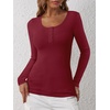 image:imageANRABESS Womens Long Sleeve Henley Tops Ribbed Knit Slim Fitted Trendy T Shirt Basic Tees Layer 2026 Fall Fashion OutfitsDeep Red