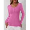 image:imageANRABESS Womens Long Sleeve Henley Tops Ribbed Knit Slim Fitted Trendy T Shirt Basic Tees Layer 2026 Fall Fashion OutfitsHot Pink