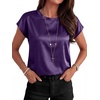 image:imageANRABESS Womens Satin Tops Cap Short Sleeve Crew Neck Shirts Dressy Business Casual Office Blouse Silky 2026 Summer OutfitsPurple