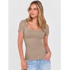 image:imageANRABESS Womens Short Sleeve Shirts Scoop Neck Lace Going Out Tops Slim Fit Rib Knit Casual Tee 2026 Summer Fashion OutfitsLight Khaki