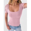 image:imageANRABESS Womens Short Sleeve Shirts Scoop Neck Lace Going Out Tops Slim Fit Rib Knit Casual Tee 2026 Summer Fashion OutfitsPink