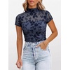 image:imageANRABESS Womens Summer Sexy Mock Turtle Neck Short Sleeve Tops Sheer Mesh Shirts Slim Blouse Trendy Ruched Going Out OutfitsDusty Blue Floral