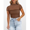 image:imageANRABESS Womens Summer Sexy Mock Turtle Neck Short Sleeve Tops Sheer Mesh Shirts Slim Blouse Trendy Ruched Going Out OutfitsMocha