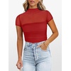 image:imageANRABESS Womens Summer Sexy Mock Turtle Neck Short Sleeve Tops Sheer Mesh Shirts Slim Blouse Trendy Ruched Going Out OutfitsRed