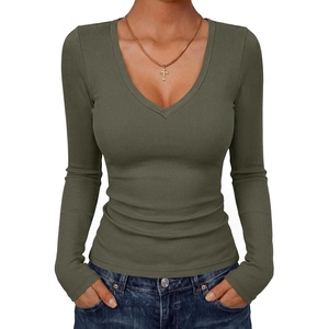 image:imageANRABESS Long Sleeve Shirts for Women Deep V Neck Ribbed Slim Fit Tops Comfy Stretchy Fall Winter Layer Daily Work TravelArmy Green
