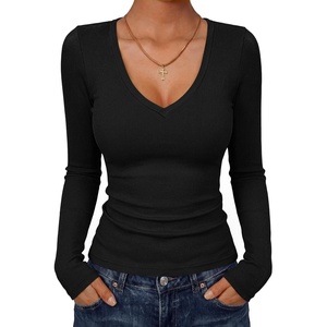 image:imageANRABESS Long Sleeve Shirts for Women Deep V Neck Ribbed Slim Fit Tops Comfy Stretchy Fall Winter Layer Daily Work TravelBlack