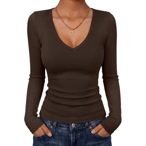 image:imageANRABESS Long Sleeve Shirts for Women Deep V Neck Ribbed Slim Fit Tops Comfy Stretchy Fall Winter Layer Daily Work TravelBrown