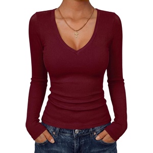 image:imageANRABESS Long Sleeve Shirts for Women Deep V Neck Ribbed Slim Fit Tops Comfy Stretchy Fall Winter Layer Daily Work TravelDeep Red