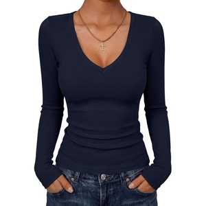 image:imageANRABESS Long Sleeve Shirts for Women Deep V Neck Ribbed Slim Fit Tops Comfy Stretchy Fall Winter Layer Daily Work TravelNavy Blue
