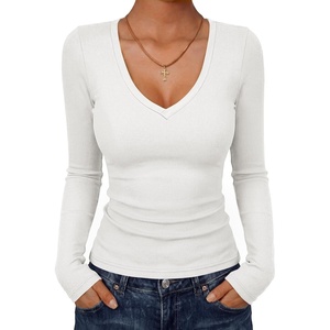 image:imageANRABESS Long Sleeve Shirts for Women Deep V Neck Ribbed Slim Fit Tops Comfy Stretchy Fall Winter Layer Daily Work TravelWhite