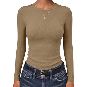 image:imageANRABESS Long Sleeve Shirts for Women Soft Stretchy Ribbed Slim Basic Tops Casual Tees for Office Daily Wear Fall OutfitsKhaki