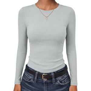 image:imageANRABESS Long Sleeve Shirts for Women Soft Stretchy Ribbed Slim Basic Tops Casual Tees for Office Daily Wear Fall OutfitsLight Grey