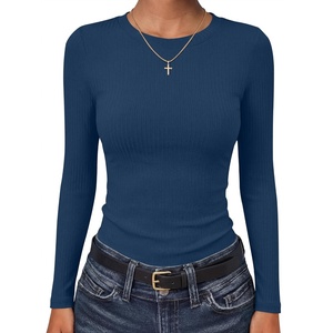 image:imageANRABESS Long Sleeve Shirts for Women Soft Stretchy Ribbed Slim Basic Tops Casual Tees for Office Daily Wear Fall OutfitsNavy Blue