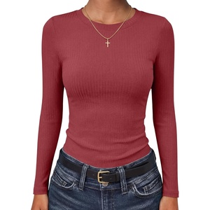 image:imageANRABESS Long Sleeve Shirts for Women Soft Stretchy Ribbed Slim Basic Tops Casual Tees for Office Daily Wear Fall OutfitsRed