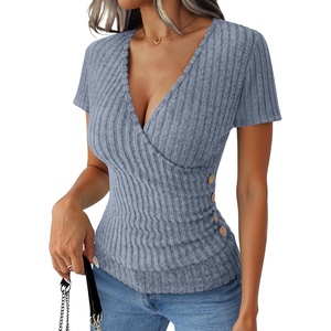 image:imageANRABESS Shirts for Women V Neck Short Sleeve Sexy Top Ribbed Slim Fit Dressy Casual 2026 Comfy Daily Wear amp Going OutBlue