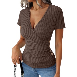 image:imageANRABESS Shirts for Women V Neck Short Sleeve Sexy Top Ribbed Slim Fit Dressy Casual 2026 Comfy Daily Wear amp Going OutChocolate Brown