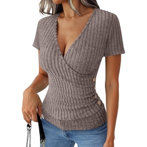 image:imageANRABESS Shirts for Women V Neck Short Sleeve Sexy Top Ribbed Slim Fit Dressy Casual 2026 Comfy Daily Wear amp Going OutCool Ash Brown