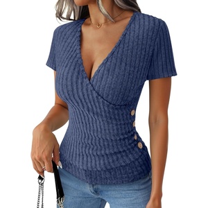 image:imageANRABESS Shirts for Women V Neck Short Sleeve Sexy Top Ribbed Slim Fit Dressy Casual 2026 Comfy Daily Wear amp Going OutDark Blue