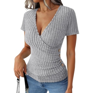 image:imageANRABESS Shirts for Women V Neck Short Sleeve Sexy Top Ribbed Slim Fit Dressy Casual 2026 Comfy Daily Wear amp Going OutGrey