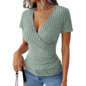 image:imageANRABESS Shirts for Women V Neck Short Sleeve Sexy Top Ribbed Slim Fit Dressy Casual 2026 Comfy Daily Wear amp Going OutLight Green