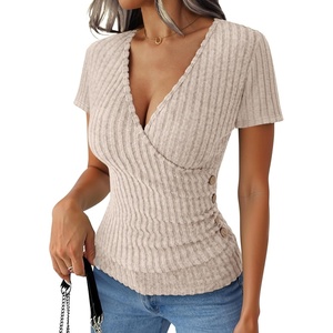 image:imageANRABESS Shirts for Women V Neck Short Sleeve Sexy Top Ribbed Slim Fit Dressy Casual 2026 Comfy Daily Wear amp Going OutLight Khaki