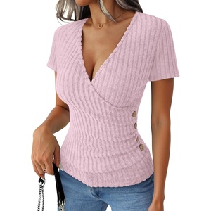 image:imageANRABESS Shirts for Women V Neck Short Sleeve Sexy Top Ribbed Slim Fit Dressy Casual 2026 Comfy Daily Wear amp Going OutPink