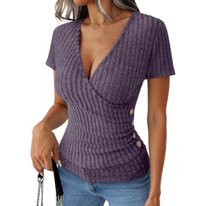 image:imageANRABESS Shirts for Women V Neck Short Sleeve Sexy Top Ribbed Slim Fit Dressy Casual 2026 Comfy Daily Wear amp Going OutPurple