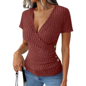 image:imageANRABESS Shirts for Women V Neck Short Sleeve Sexy Top Ribbed Slim Fit Dressy Casual 2026 Comfy Daily Wear amp Going OutRust Orange