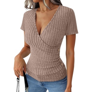 image:imageANRABESS Shirts for Women V Neck Short Sleeve Sexy Top Ribbed Slim Fit Dressy Casual 2026 Comfy Daily Wear amp Going OutTan
