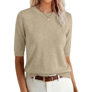 image:imageANRABESS Short Sleeve Sweaters for Women Summer Wool Blend Crew Neck Shirts Lightweight Work Top 2026 Business Casual OutfitsAlmond