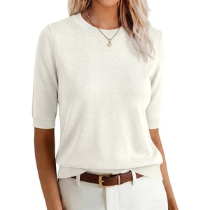 image:imageANRABESS Short Sleeve Sweaters for Women Summer Wool Blend Crew Neck Shirts Lightweight Work Top 2026 Business Casual OutfitsCream White