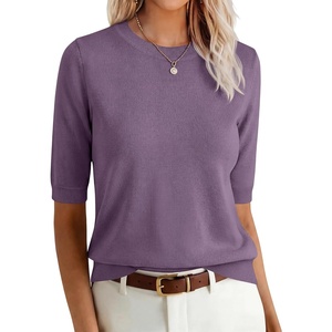 image:imageANRABESS Short Sleeve Sweaters for Women Summer Wool Blend Crew Neck Shirts Lightweight Work Top 2026 Business Casual OutfitsGrey Purple