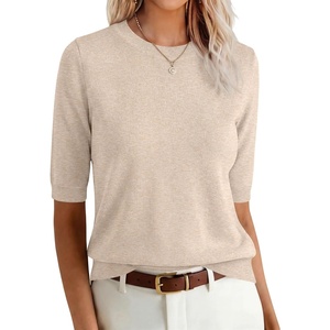 image:imageANRABESS Short Sleeve Sweaters for Women Summer Wool Blend Crew Neck Shirts Lightweight Work Top 2026 Business Casual OutfitsParchment