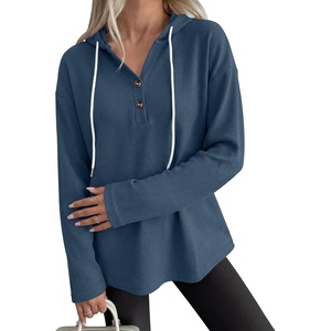 image:imageANRABESS Waffle Knit Hoodies for Women Comfy Drawstring Loose Fit Long Sleeve Sweatshirt Tops for Casual Daily Wear WorkNavy Blue