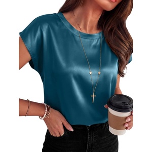 image:imageANRABESS Womens Satin Tops Cap Short Sleeve Crew Neck Shirts Dressy Business Casual Office Blouse Silky 2026 Summer OutfitsLake Blue