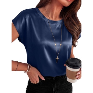 image:imageANRABESS Womens Satin Tops Cap Short Sleeve Crew Neck Shirts Dressy Business Casual Office Blouse Silky 2026 Summer OutfitsNavy Blue