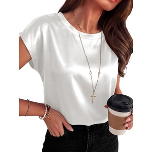 image:imageANRABESS Womens Satin Tops Cap Short Sleeve Crew Neck Shirts Dressy Business Casual Office Blouse Silky 2026 Summer OutfitsWhite
